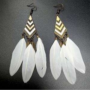 Boho Chevron White Feather Earrings